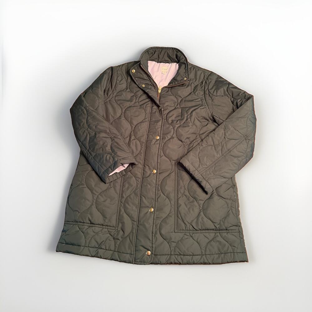 J Crew Womens Cocoon Quilted Puffer Coat Green Sz L